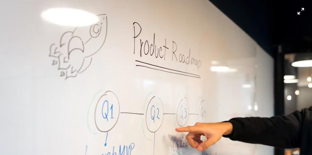 Team planning a product roadmap on a whiteboard - UAE SME Business Development